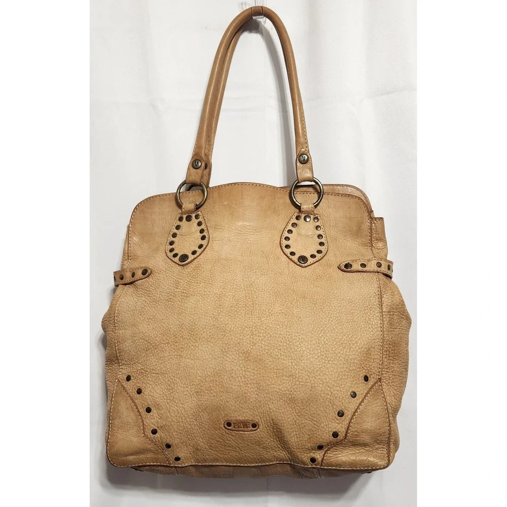 Frye Studded Pebbled Leather Hobo Bag Tan Camel Shoulder Bag